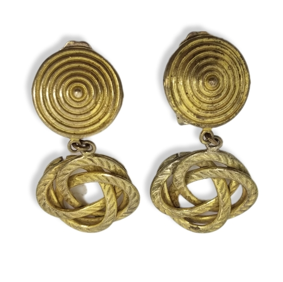 MIRIAM HASKELL 1980s GOLDTONED SPIRAL DESIGN & ORNATE KNOT DROP CLIP ON EARRINGS - Picture 2 of 7